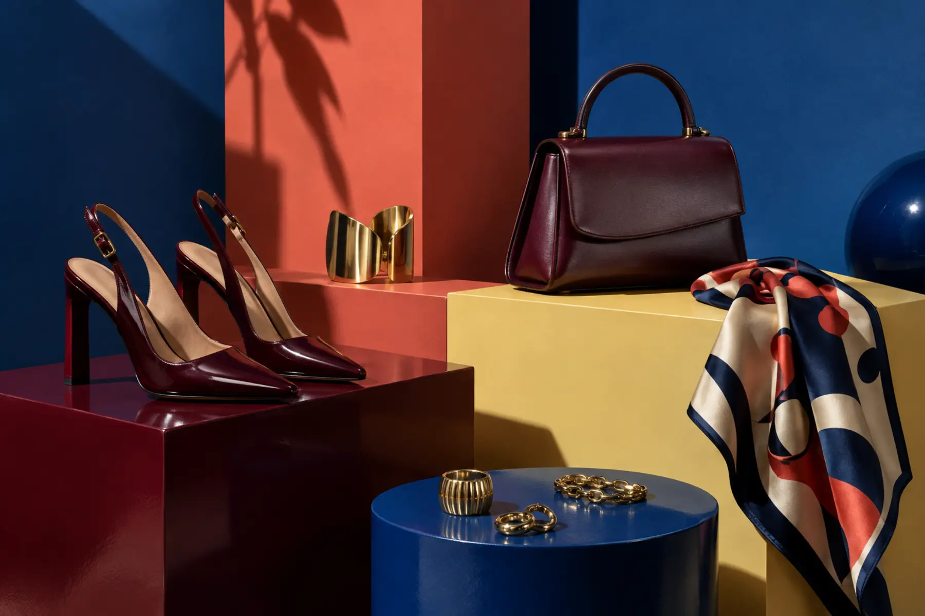 Luxury shoes, silk scarf, jewellery and structured bag on colourful plinths