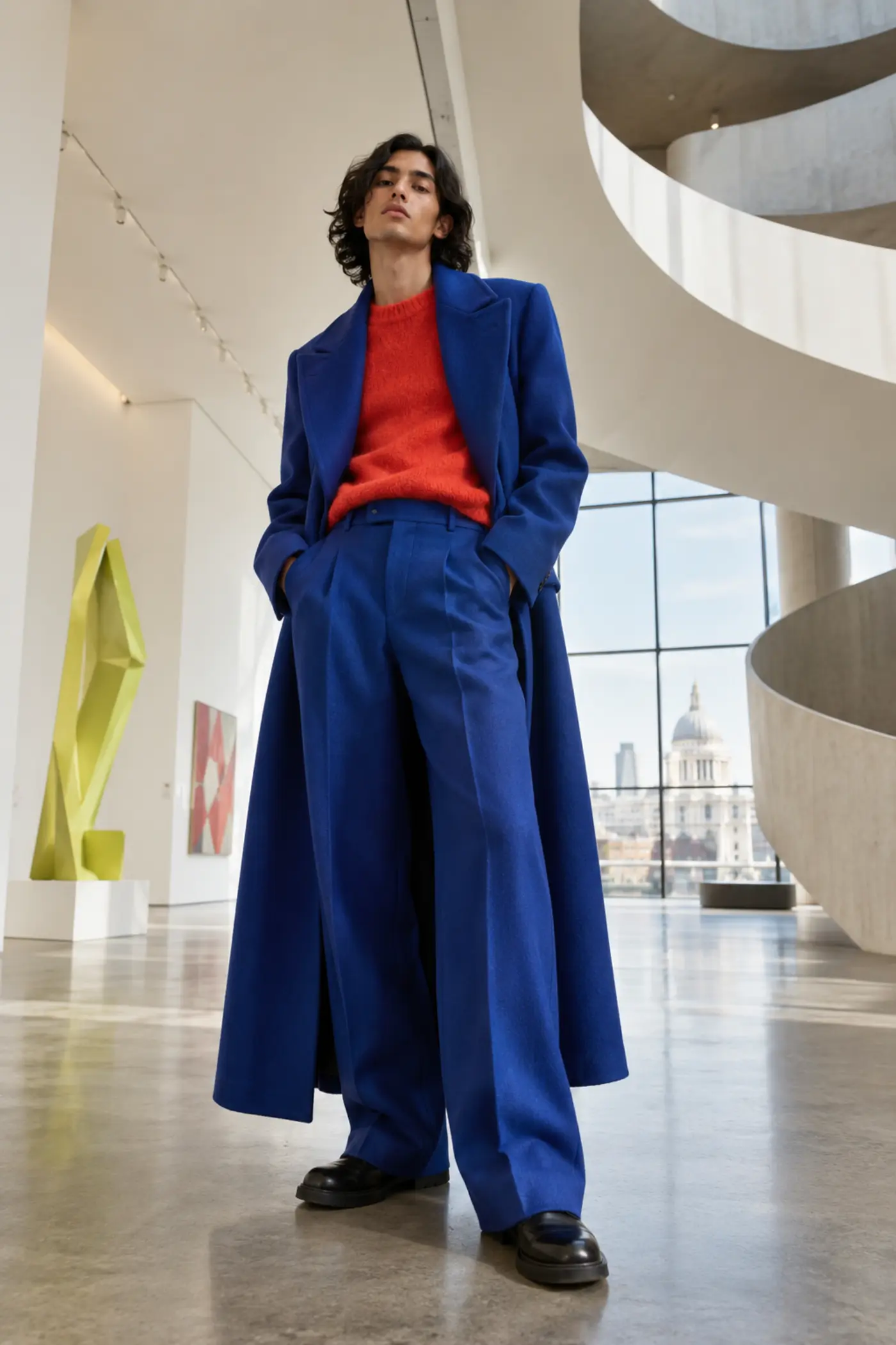 Model wearing vivid blue tailoring in a contemporary London gallery